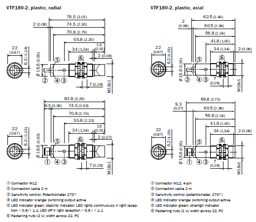 Dimensional Drawings โฟโต้สวิตช์แบบทรงกระบอก รุ่น V180-2