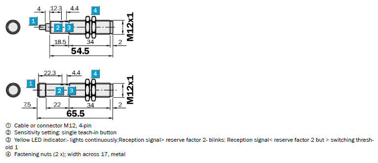 Dimensional Drawing โฟโต้สวิตช์แบบทรงกระบอก รุ่น V12-2